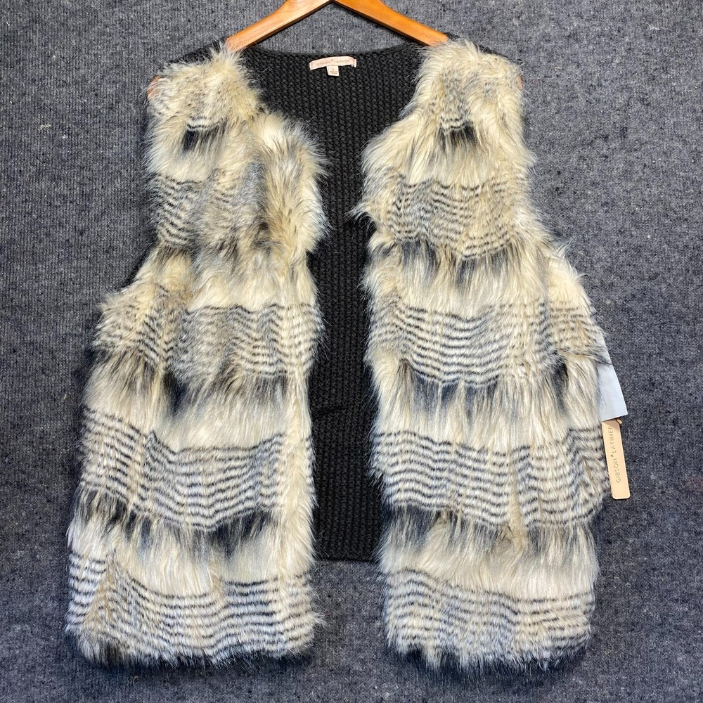 Gibson Latimer Faux Fur Knit Vest Gray Ivory Animal Print LA6346MBR Women L NWT